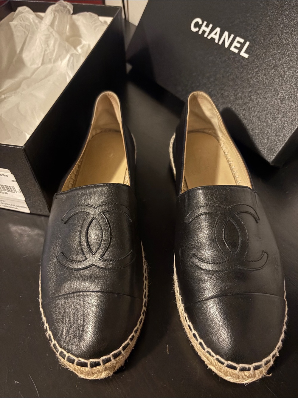 CHANEL Black Leather Espadrille Slip-Ons with Logo